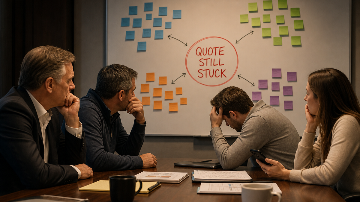 Four colleagues at a conference table looking at a whiteboard where a red circle reads Quote Still Stuck, with four colored clusters of sticky notes branching from it