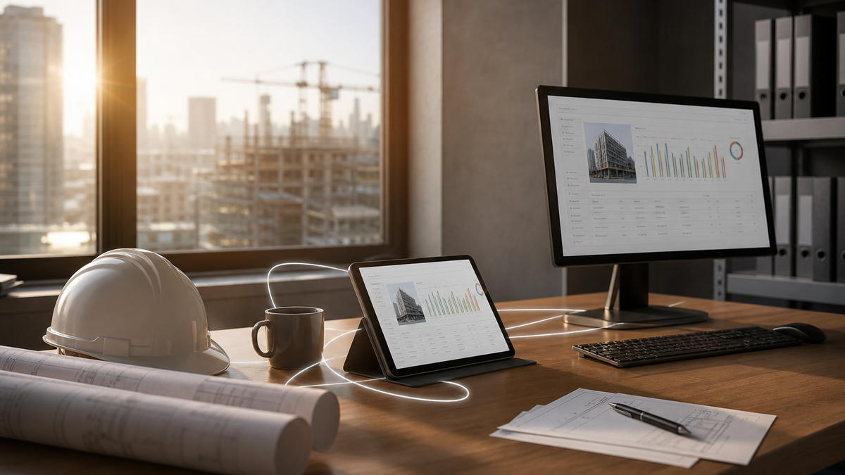 Construction office desk at sunrise where a tablet and a monitor show the same project dashboard, joined by glowing lines, beside blueprints and a hard hat