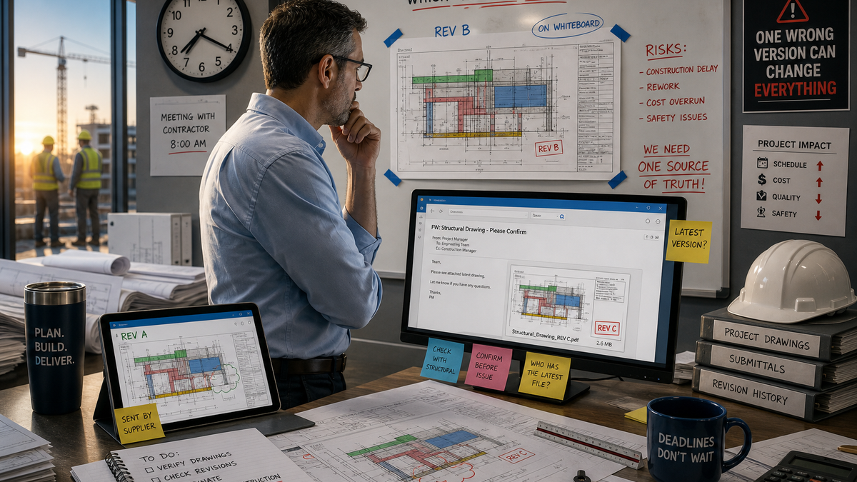 An engineer at a desk comparing two revisions of the same drawing, one printed and one on screen, trying to tell which is current