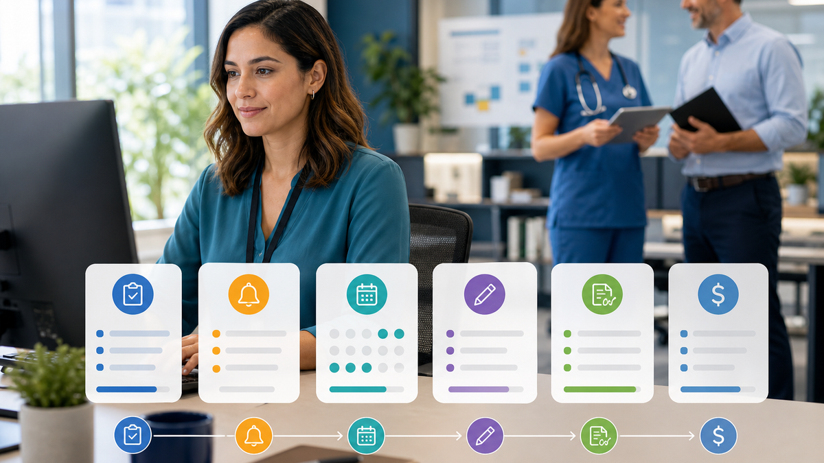 Care coordinator reviewing a shared clinical workflow while a clinician and billing specialist work nearby