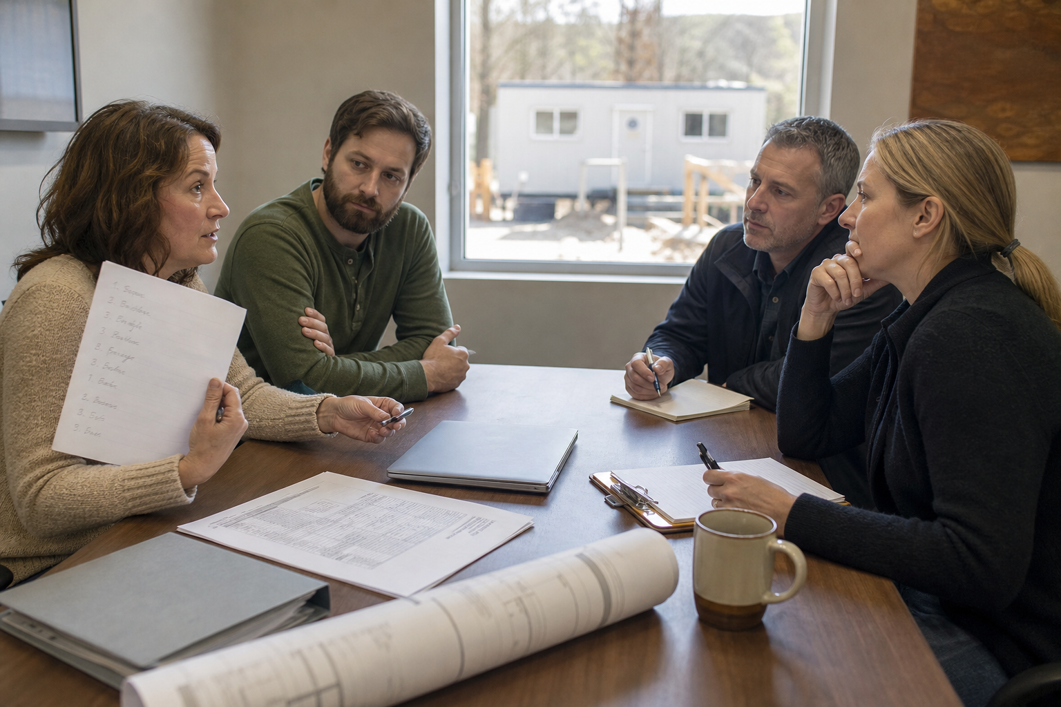 A business owner holds up a handwritten list of questions while two software partners listen and take notes across a conference table, with a closed laptop, a construction quote, rolled drawings, and a job site trailer visible through the window.