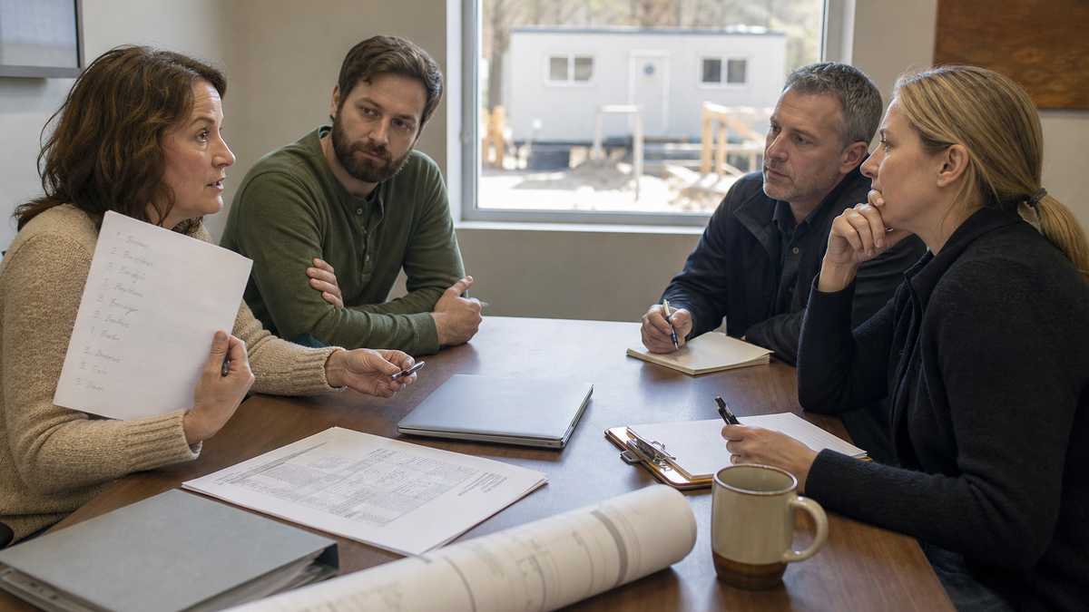 A business owner holds up a handwritten list of questions while two software partners listen and take notes across a conference table, with a closed laptop, a construction quote, rolled drawings, and a job site trailer visible through the window.