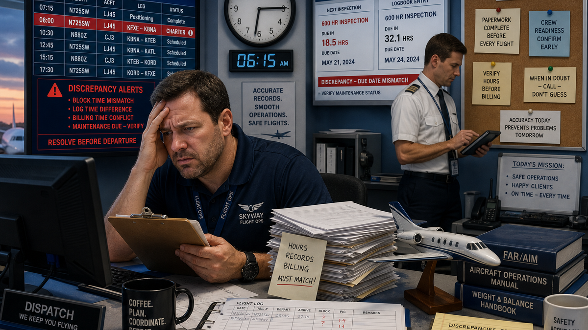 A worried flight dispatcher holds a clipboard at 6:15 AM while screens behind him flag mismatched flight times and a maintenance tracker showing two different inspection due dates, as a pilot checks a tablet nearby.