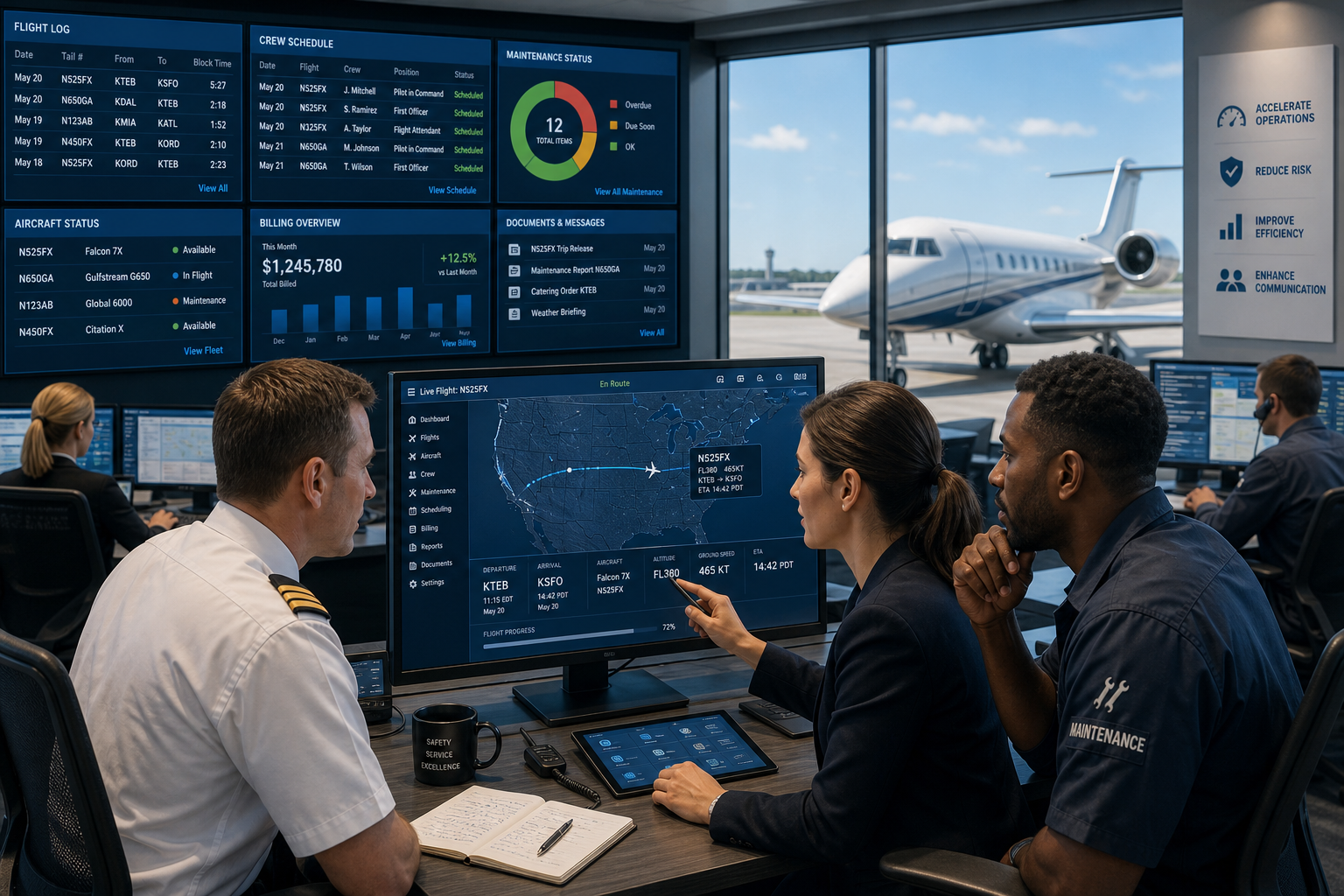 A pilot, a flight operations manager, and a maintenance technician review a live flight on a large monitor in an operations room, with flight logs, crew schedules, maintenance status, and billing on the wall behind them and a private jet visible through the window.