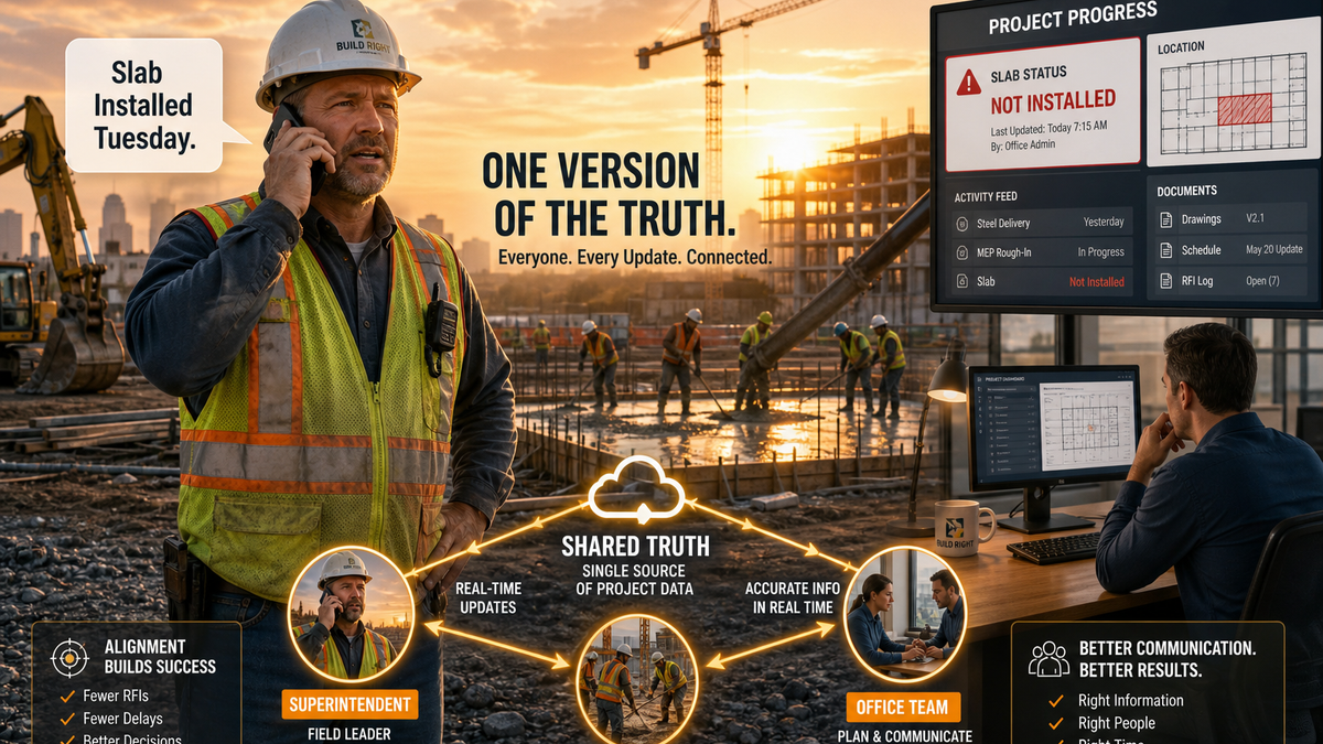 Construction superintendent on his phone at a job site at sunrise saying the slab was installed Tuesday, beside an office screen reading Slab Status Not Installed, with a diagram linking superintendent, field crew, and office team to one shared source of project data