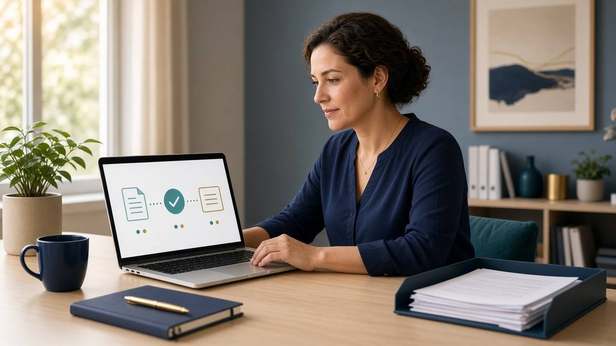 Care coordinator reviewing a simple note, review, and billing-ready workflow on a laptop